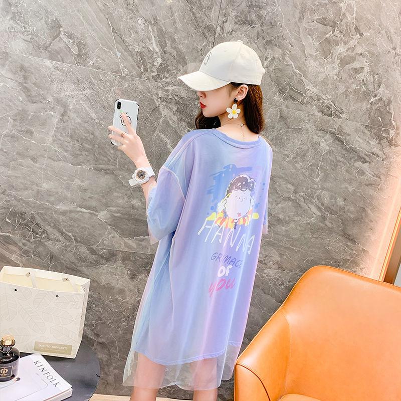 Summer Dress Women Loose O-Neck Short Sleeve Casual Above Knee T-shirt Dress  Round Neck Mesh