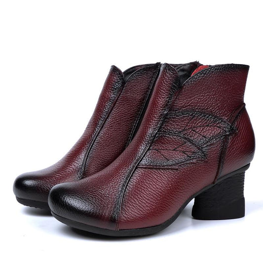 Autumn and Winter Women's Cotton Shoes, Ethnic Style Leather Thick Heel Round Toe Short Boots Full of Visual Sense