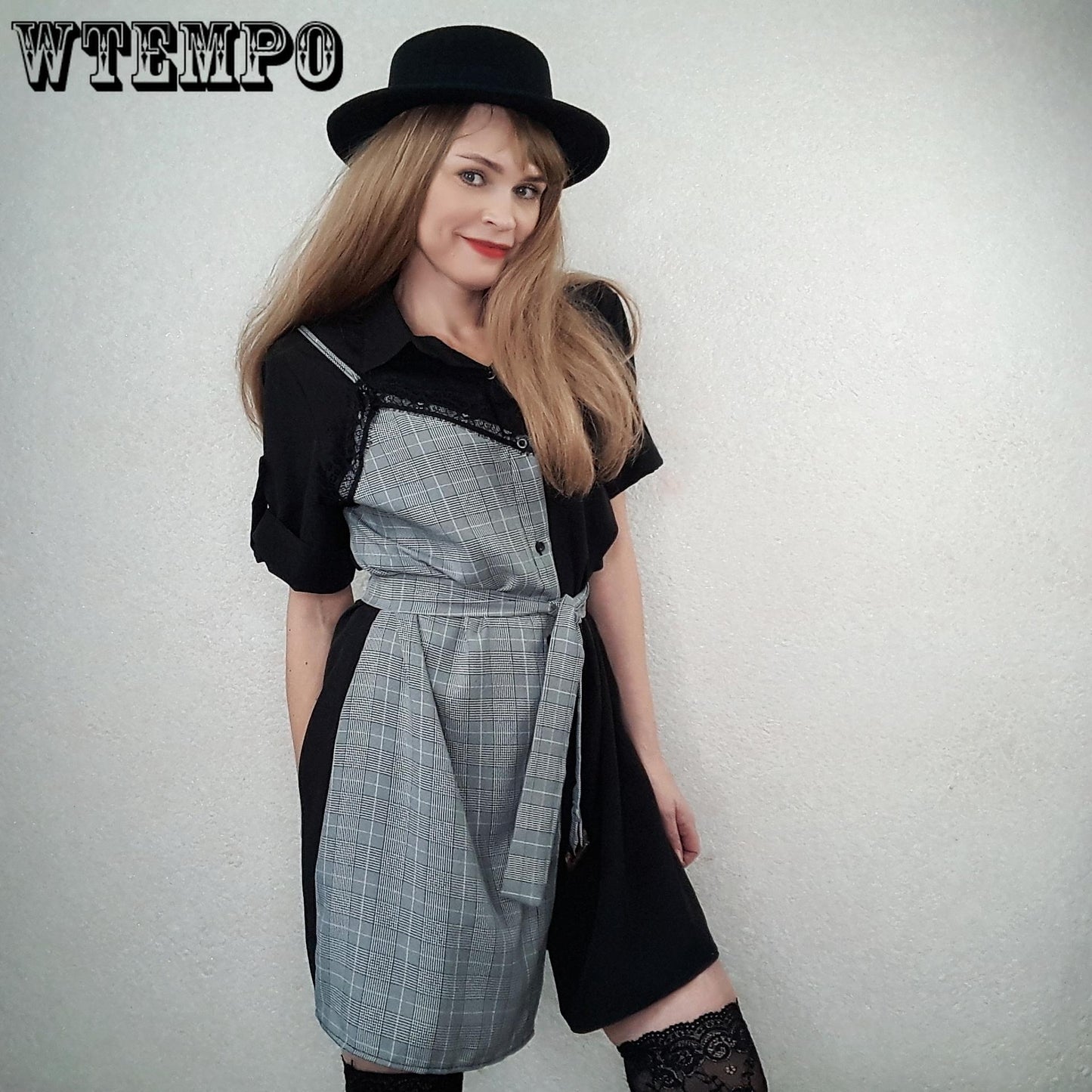 Summer Office Lady Black Dress Stitching Shirt Dress Simple Plus Size Dresses with Belt