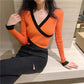 Long-sleeved V-neck Slim-fit Knit Sweater, Short All-match Retro Jacket, Spring and Autumn Striped Fashion Jacket