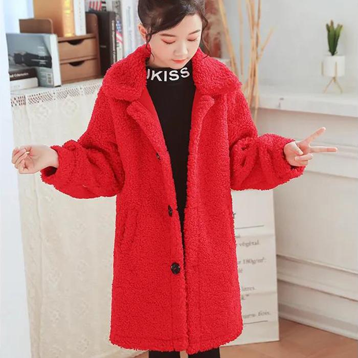 Festive Christmas Clothes Girls Thick Woolen Coat Double-breasted Mid-length Woolen Autumn and Winter Coat