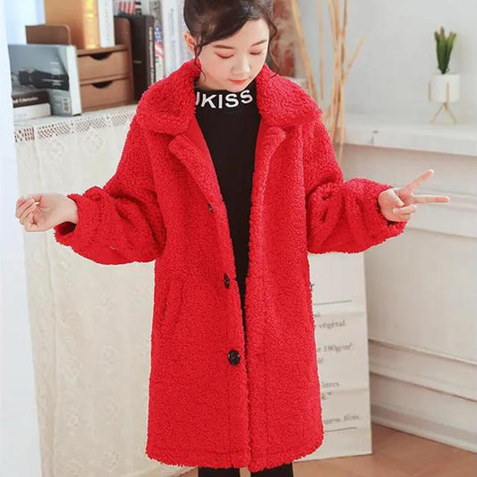 Festive Christmas Clothes Girls Thick Woolen Coat Double-breasted Mid-length Woolen Autumn and Winter Coat