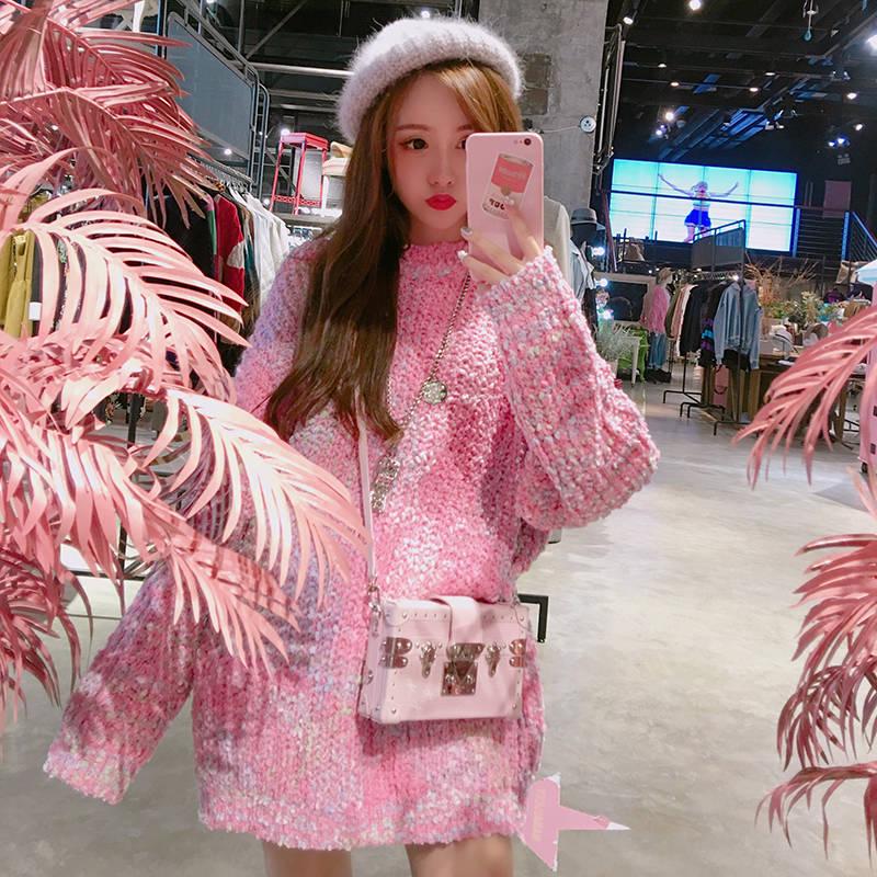 Women Long Section Knitwear Loose Fantastic Colorful Half Turtleneck Pullover Sweater Dress