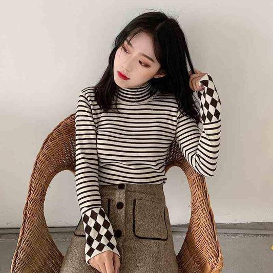 Black and white striped pullover sweater women's winter slim thin turtleneck sweater long sleeves