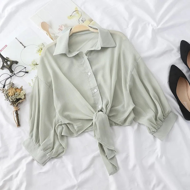 Summer Shirt Half Sleeve Buttoned Up Loose Casual Blouse Chiffon Shirts Women Tied Waist Elegant Blouses for Women