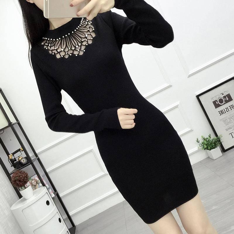 Women Sweater Dress O-neck Full Sleeve Sashes Stretch Vestidos Female Knee-length Knitted Dress