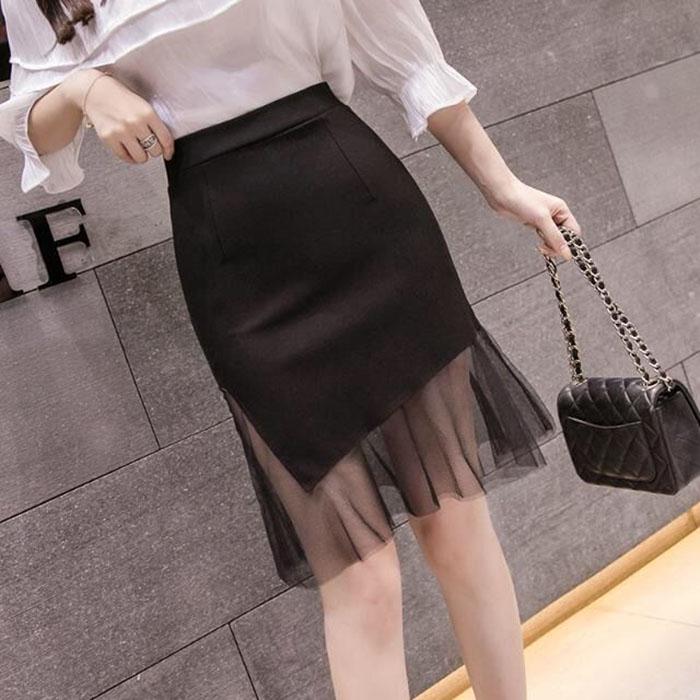 Pofulove S-3XL Women Large Size Black Mesh Skirt High Waist Thin Sexy Bag Hip Skirt A-line Skirts