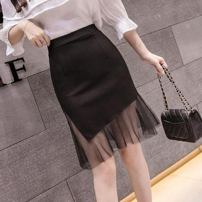Pofulove S-3XL Women Large Size Black Mesh Skirt High Waist Thin Sexy Bag Hip Skirt A-line Skirts