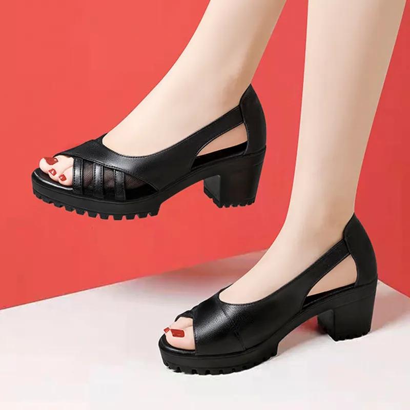 Leather Sandals Women's Mid-heel Thick-heel Fish Mouth Mesh Work Shoes Non-slip All-match Comfortable C Black Sandals