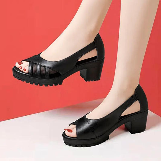 Leather Sandals Women's Mid-heel Thick-heel Fish Mouth Mesh Work Shoes Non-slip All-match Comfortable C Black Sandals