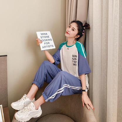 Loose Casual Suit Women's Summer Slimming Sportswear Lightweight Breathable Sweat-absorbent Two-piece Round Neck Short-sleeved T-shirt + Sports Pants