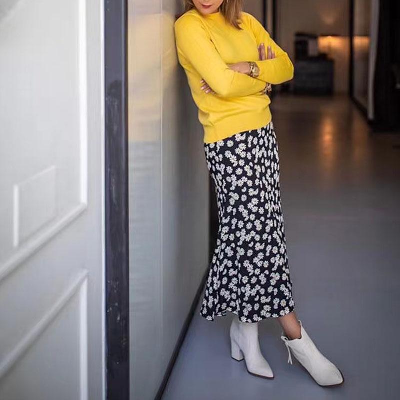 Women Skirts Spring Summer Casual A-line Long Skirts Elastic High Waist Slim Skirt Girls Loose Daisy-print Chiffon Skirt