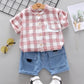 Children's Summer Wear Two Piece Set of Boys' and Girls' Korean Plaid Collar Short Sleeve Shirt and Shorts