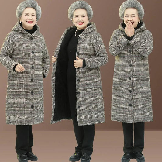 Middle-aged and Elderly Women's Grandmother Winter Padded Jacket Mid-length Plus Velvet Thickening Elderly Mother's Coat