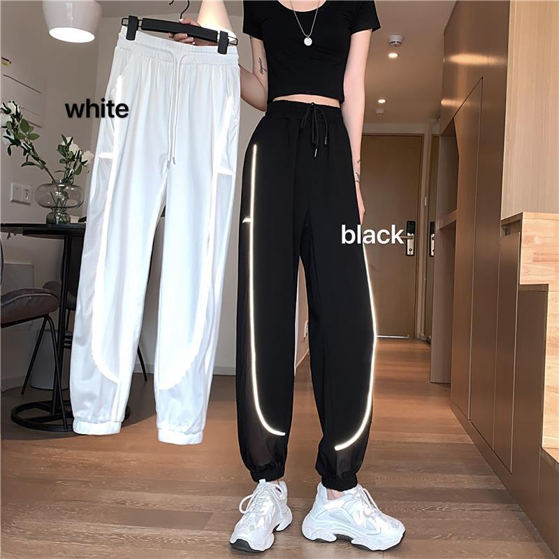Reflective Strip Stitching Mesh Pants Summer Korean Thin Section High Waist Casual Pants Women's Sports Pants