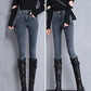 Winter Women's High-waisted Nine-point Jeans with Velvet Thickened and Thin All-match Stretch and Velvet Slim Outer Wear Pants