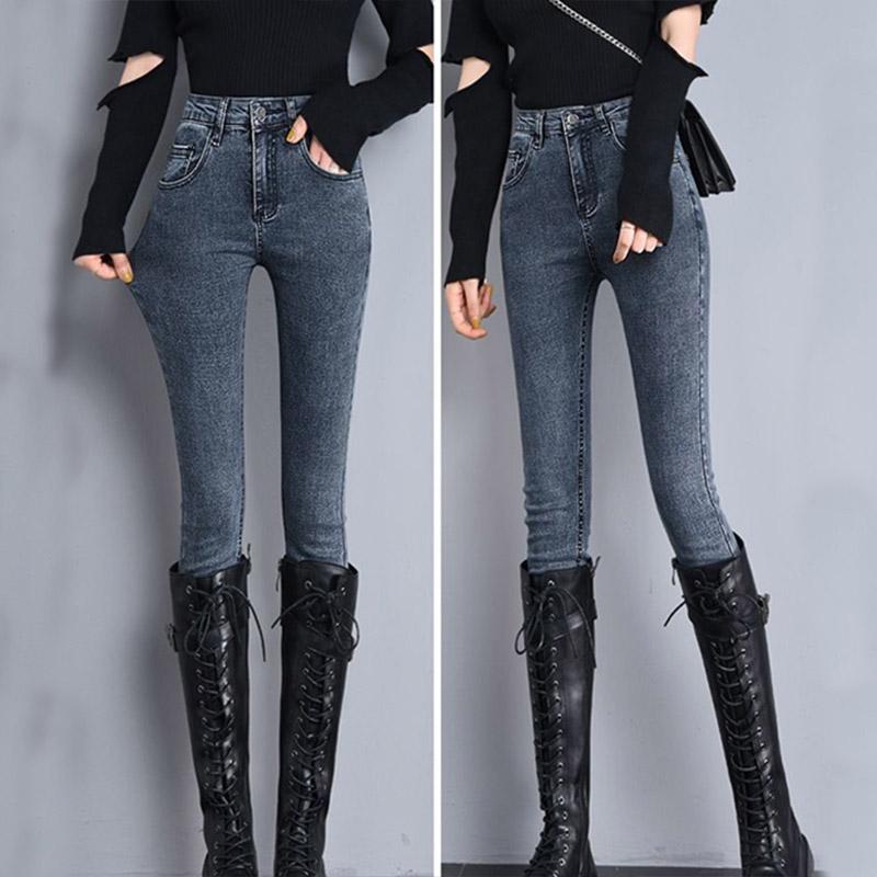 Winter Women's High-waisted Nine-point Jeans with Velvet Thickened and Thin All-match Stretch and Velvet Slim Outer Wear Pants