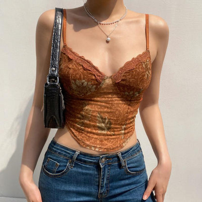 Y2k Crop Top Cyber Women Lace 90s Aesthetic E Girl See-through Corest Sexy Sleeveless Tunics Punk Halter Tops Summer