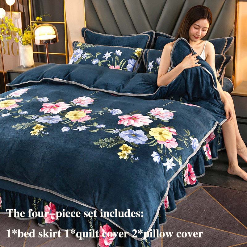 Winter Thick Milk Velvet Four-piece Bed Skirt Plus Velvet Warmth Double-sided Velvet Duvet Cover Bedding Set