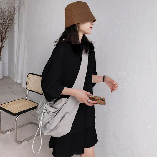 2PCS Ladies Loose Solid Color Short-sleeved Shorts Two-piece Solid Color Casual Sports Suit Fitness Running Set Gym Jogging Suit