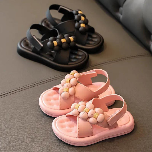 Children's Sandals Summer Girl's Princess Non-slip Soft Sole Beach Sandals Kid's Large Size Solid Color Flowers Sandals