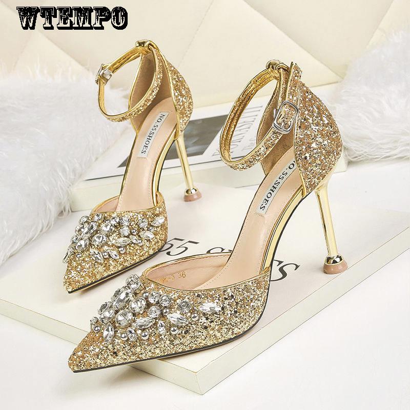 High Heels Ladies Gold Sequins Pointed Crystal Stiletto Bridal Wedding Shoes To Attend The Banquet