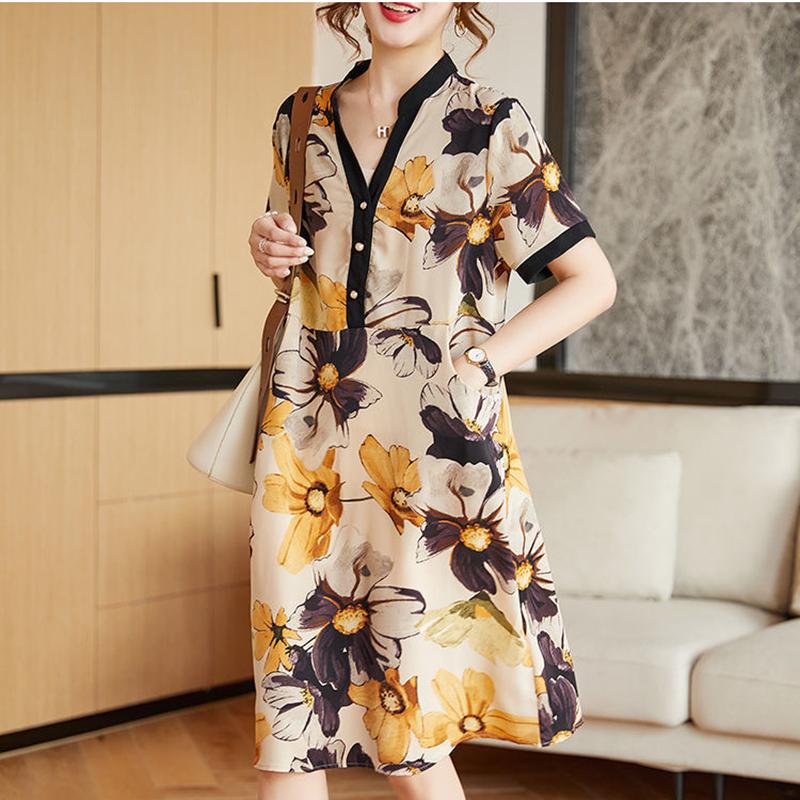 WTEMPO Plus Size Dress Summer Short Sleeve V-Neck Dress Casual knee-length Length
