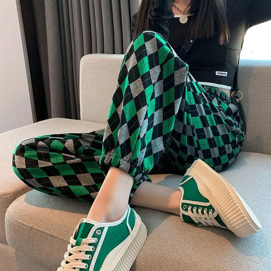 Women's Spring and Summer Diamond-shaped Plaid Pants Loose and Thin Straight Casual Harem Pants Ladies Drawstring Sports Pants