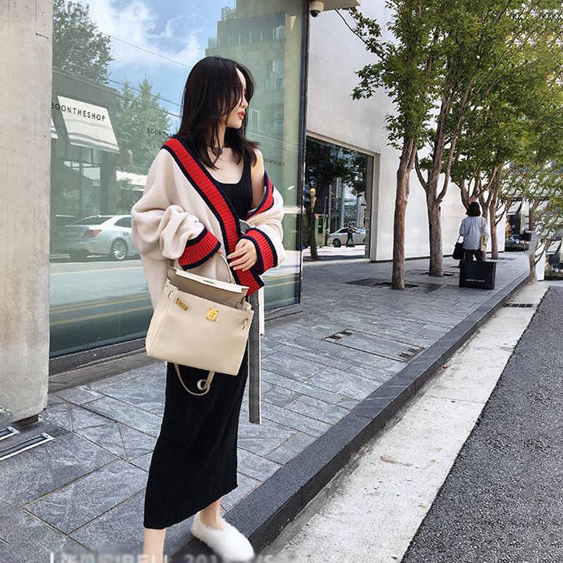 Women's Autumn Lazy Style Sweater Cardigan Loose Long-sleeved V-neck Sweater Stitching Color Sweater Coat Loose and Comfortable