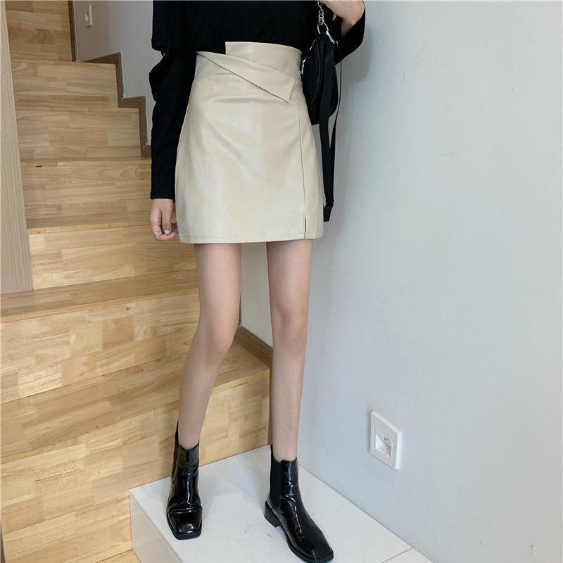 Women's Sexy Leather Skirt Glossy PU leather short Solid zipper Split A-line Skirts