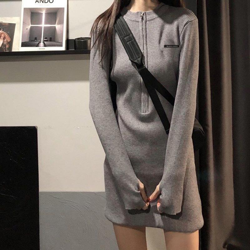 Women's Knitted Dress Spring and Autumn Zipper Long Sleeve Waist Slimming Skirt Hip Skirt Pure Color Cotton Soft and Comfortable
