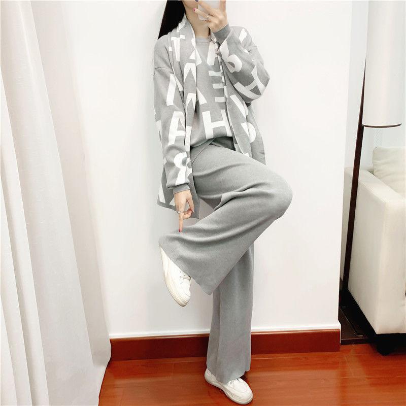 3pcs/set Knit Suit Women's Causul Letters Printed Knitted Sweater + Scarf+Knitted Pants 3 Piece Set Ladies Outfits Autumn Spring