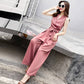 One-piece Wide-leg Pants Women's Summer Leisure V-neck Slim-fitting Jumpsuit Suit Chiffon Fabric Light and Breathable Waist Slimming One-piece Suit