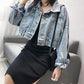Tassel Denim Jacket Women's Spring and Autumn Split Loose Bat-sleeved Short Jacket Casual Loose Long-sleeved Regular Style