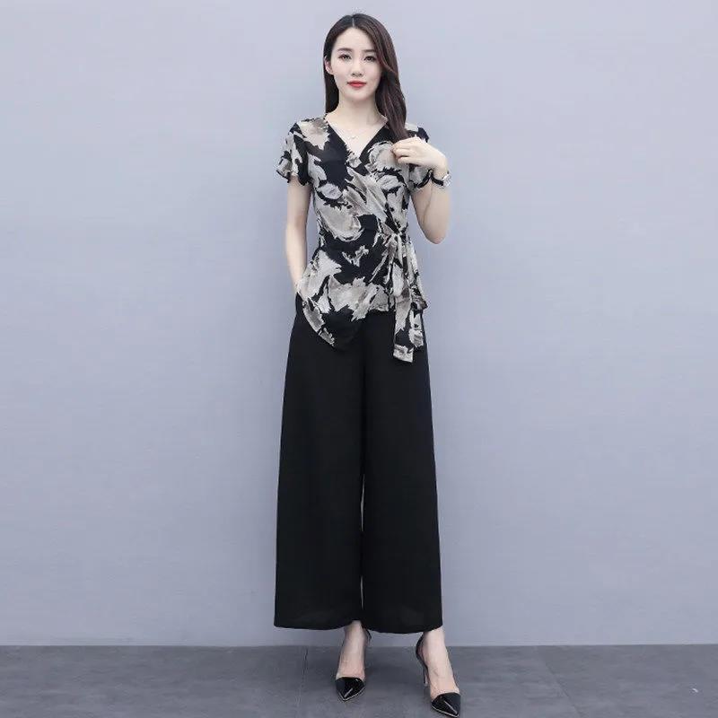 Suit Printed Chiffon Shirt Summer Temperament Casual Suit V-neck Short Sleeve Shirt + Loose Wide Leg Pants Lightweight