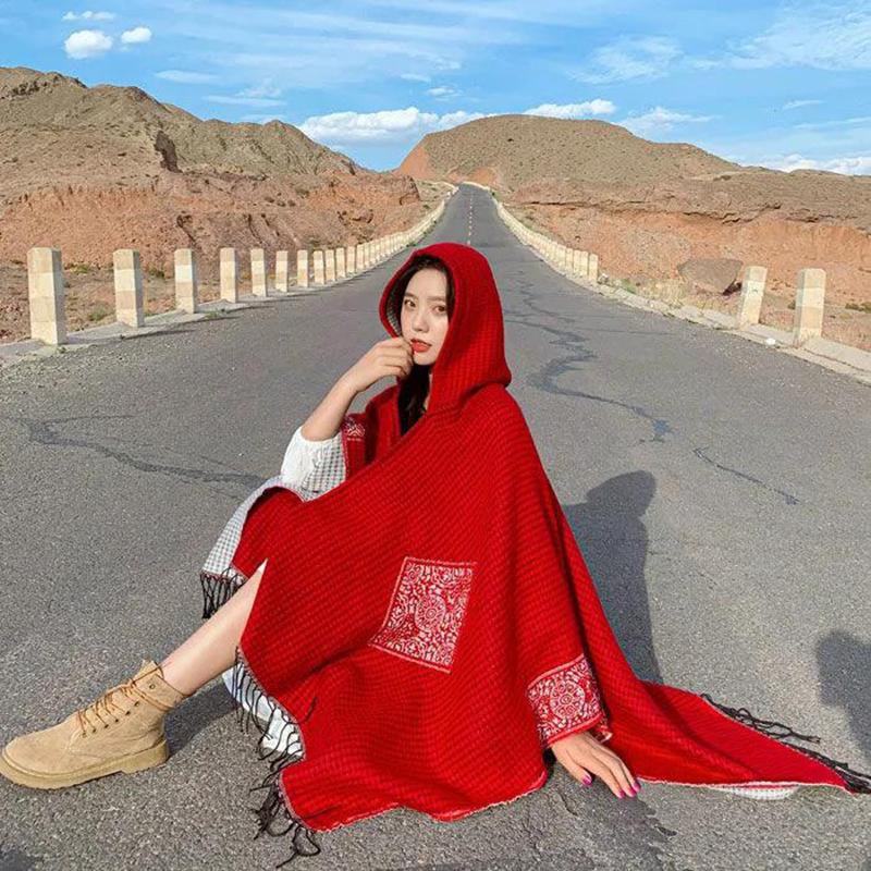 Hooded Shawl Cloak Female Autumn and Winter Thickening Warm Red Shawl Windproof Buckle Hooded Cloak Ethnic Style Travel Outside