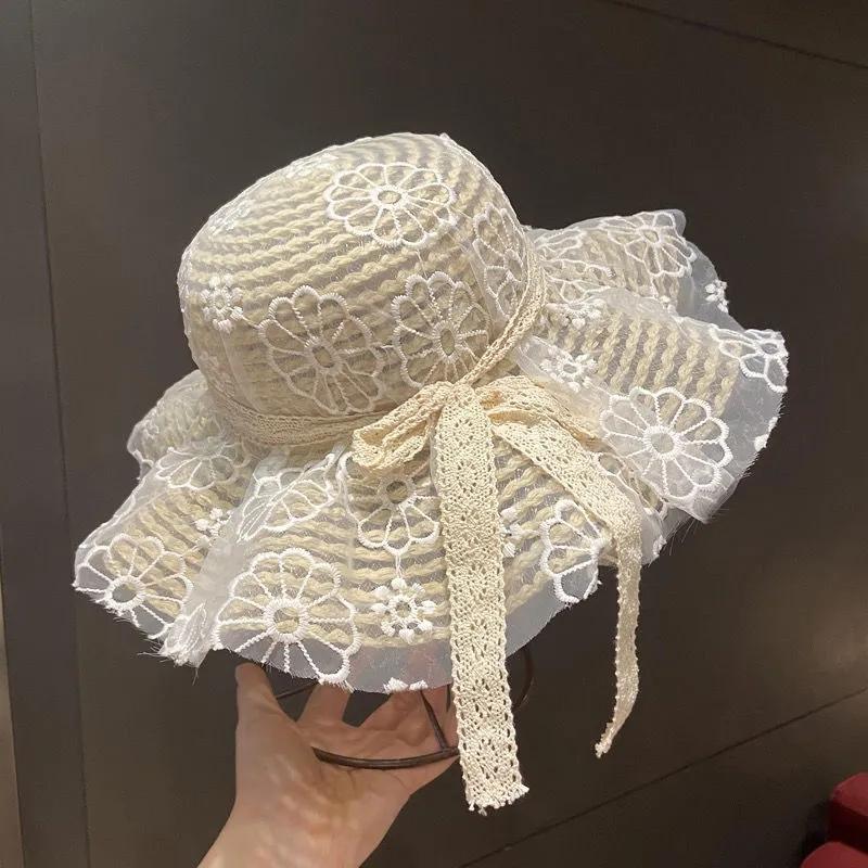 Girl Cute Bow Lace Sun Hat Summer Outdoor Sunscreen Hat for Kids Girls Big Brim Fisherman Hat Beach Anti-UV Protective Cool Hat