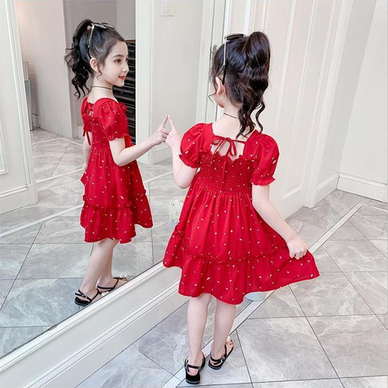 Kids Girls Sweet Summer Polka Sundress French Stylish A-Line Pleated Ruffle Short Sleeve Dress for Party Birthday Gift