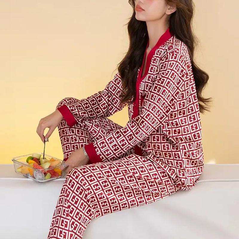 Women's Spring Autumn Red Pajamas Set Silk Long-sleeved V-neck Shirt Pants Two-piece Set Out Wear Large Size Loose Thin Homewear Luxurious Nightgowns