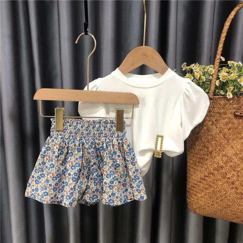 Girls' Cotton Suit Summer Female Baby Baby Solid Color Short-sleeved Little Girl Skirt Pants Thin Section
