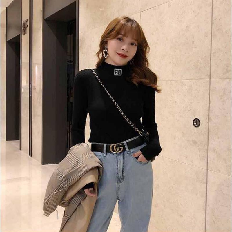 Slim Shirt Half-Turtleneck Elastic Tops Long Sleeve Short Sweater Female Casual Base Sweater