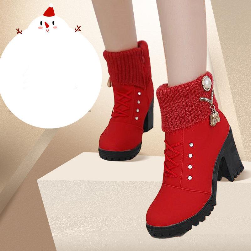 Autumn and Winter Short Mid-high Heel Round Toe Women's Shoes Side Zipper Woolen Cotton Boots