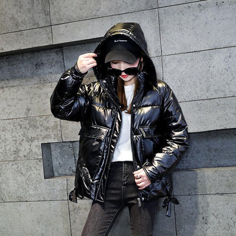 Women's Bright Print Short Down Jacket Winter Korean Loose Quilted Jacket Casual Stand-up Collar Hooded Down Jacket Quilted Jacket