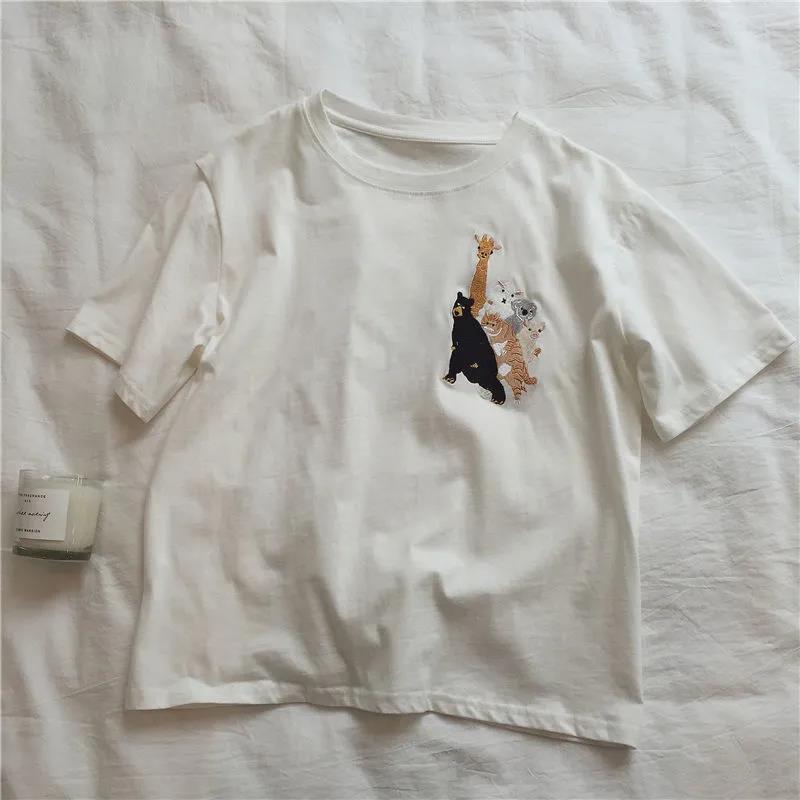 Women Short Sleeve T-shirts Loose Casual Animal Embroidery O-neck Korean Style Fashion All-matchTee