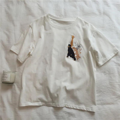 Women Short Sleeve T-shirts Loose Casual Animal Embroidery O-neck Korean Style Fashion All-matchTee