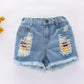 Girls Summer Dress One-shoulder Printing Shirt Denim Shorts Suit Summer Girls Short-sleeved Hole Shorts Set