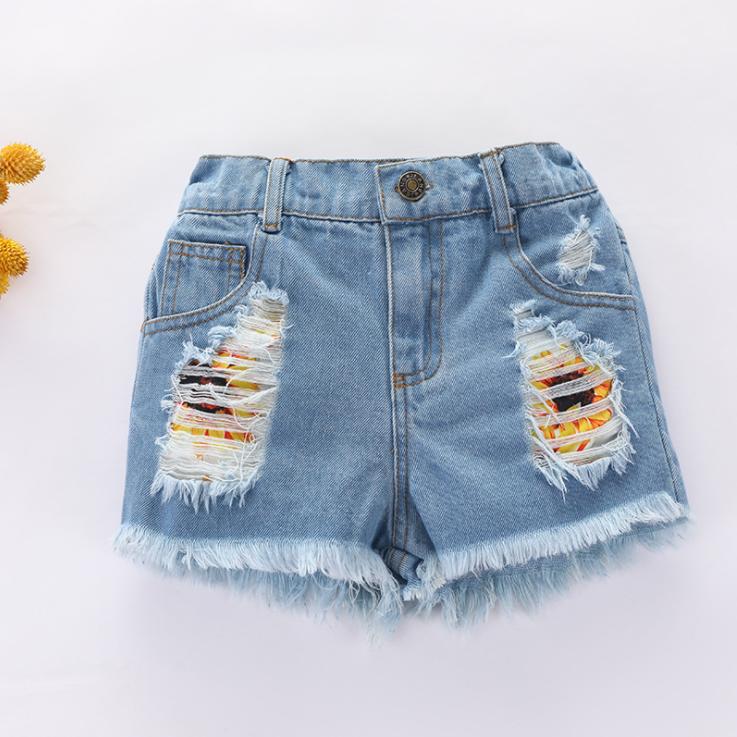 Girls Summer Dress One-shoulder Printing Shirt Denim Shorts Suit Summer Girls Short-sleeved Hole Shorts Set