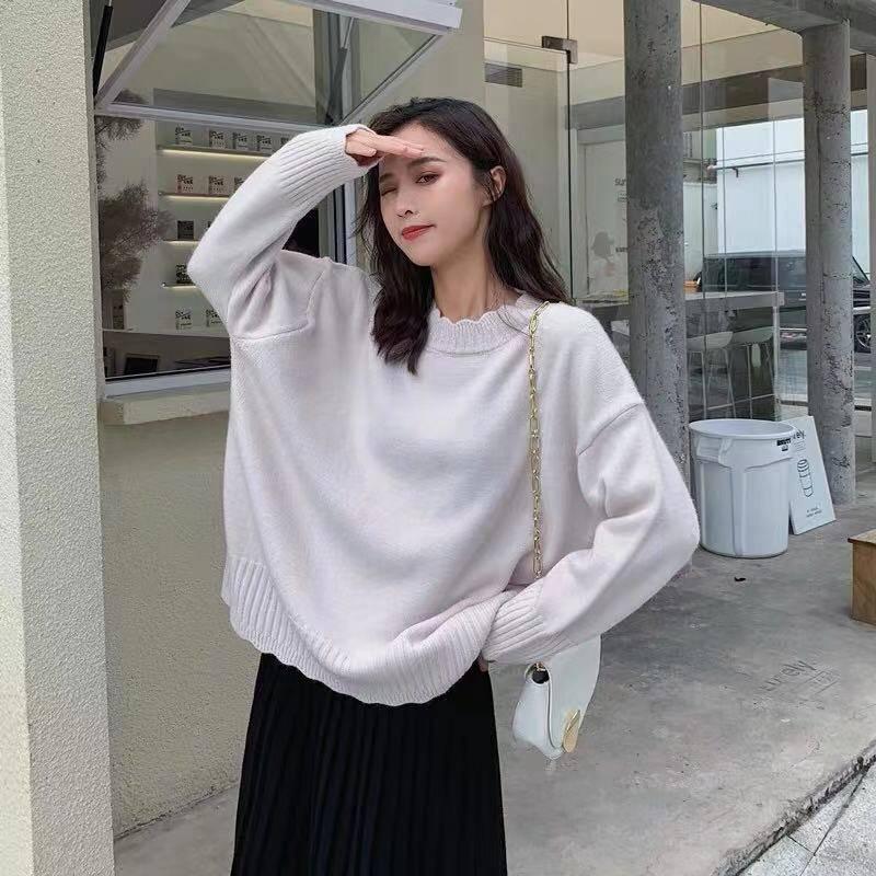 Petal Collar Solid Color Sweater Women's Autumn and Winter Pullover Loose Base Sweater
