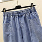 WTEMPO Little Girl Embroidery Women's Jeans Loose Straight Elastic Waist Denim Big Pocket Trousers