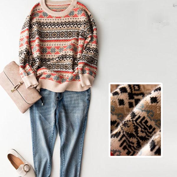 Round Neck Vintage Jacquard Woollen Sweater Women  Loose Outer Wear/bottoming  Knitted Pullover Top